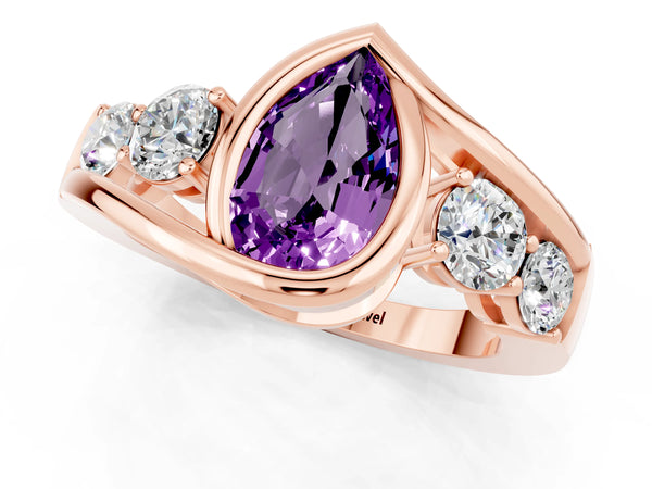 Rose gold Bezel Set Pear Cut Amethyst Bypass Ring with Round  Accents