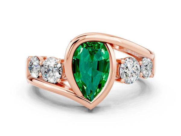 Rose gold Bezel Set Pear Cut Emerald Bypass Ring with Round  Accents