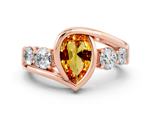 Rose gold Bezel Set Pear Cut Citrine Bypass Ring with Round  Accents