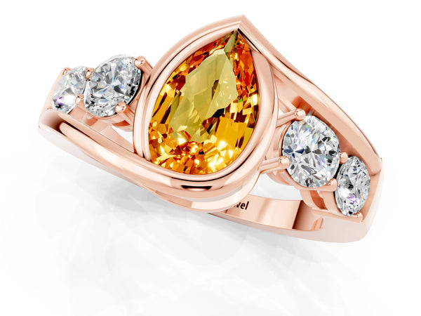 Rose gold Bezel Set Pear Cut Citrine Bypass Ring with Round  Accents