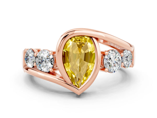 Rose gold Bezel Set Pear Cut Yellow Sapphire Bypass Ring with Round  Accents
