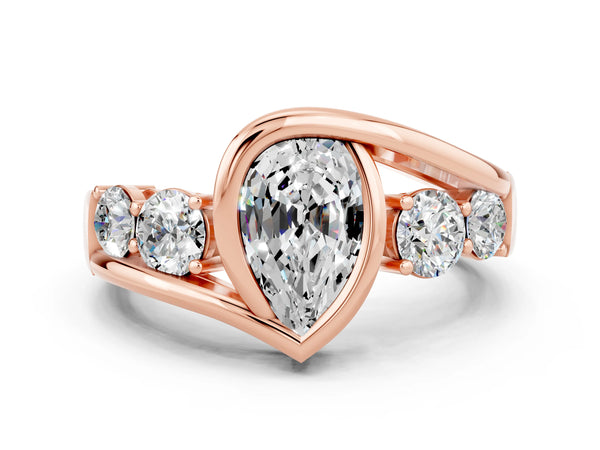 Rose gold Bezel Set Pear Cut Moissanite Bypass Ring with Round  Accents
