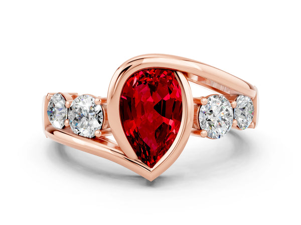 Rose gold Bezel Set Pear Cut Ruby Bypass Ring with Round  Accents