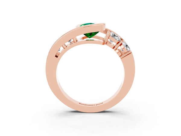 Rose gold Bezel Set Pear Cut Emerald Bypass Ring with Round  Accents