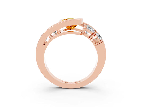 Rose gold Bezel Set Pear Cut Citrine Bypass Ring with Round  Accents