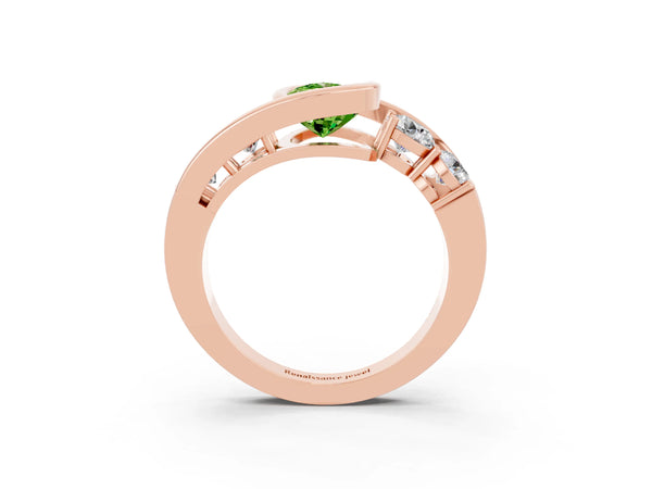 Rose gold Bezel Set Pear Cut Peridot Bypass Ring with Round  Accents