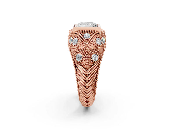 Rose Gold Princess Cut Vintage Bezel Engagement Ring Setting with Beaded Milgrain Shoulders
