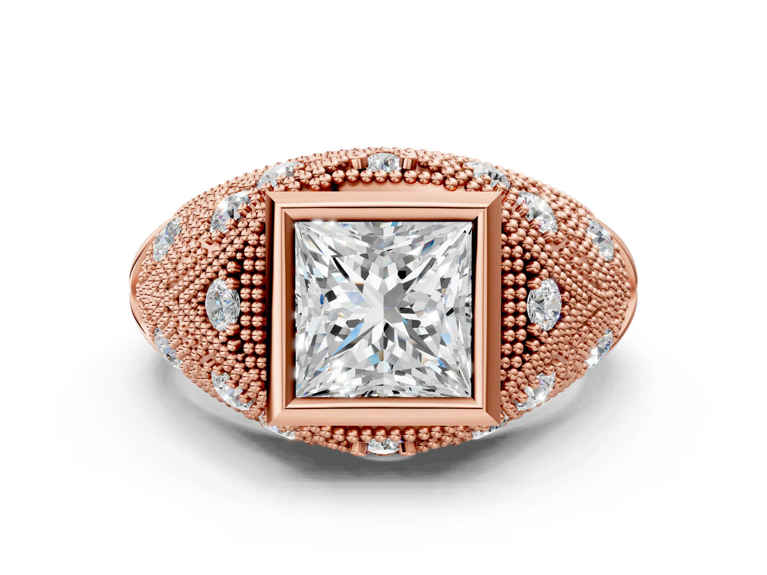 Rose gold Bezel Set Princess Cut Diamond Milgrain Band Ring_9