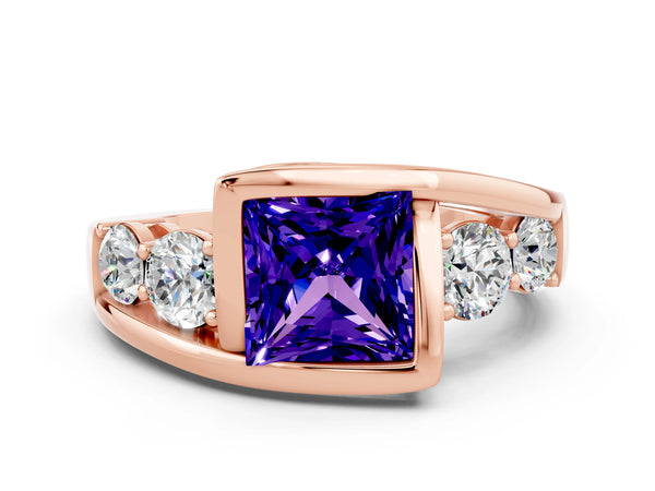 Rose gold Bezel Set Princess Cut Tanzanite Bypass Ring with Round  Accents