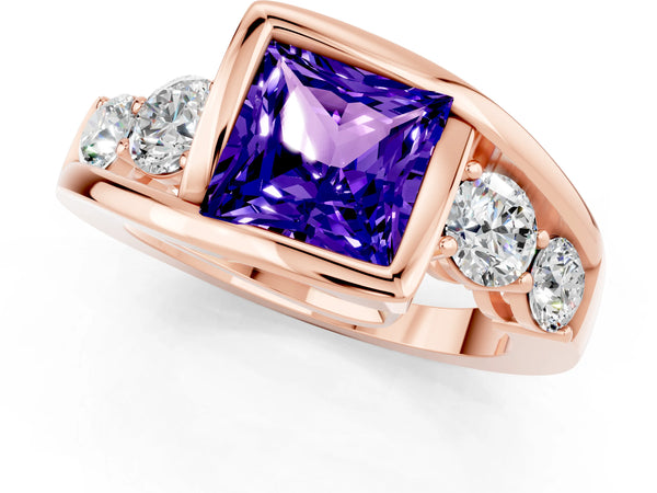 Rose gold Bezel Set Princess Cut Tanzanite Bypass Ring with Round  Accents