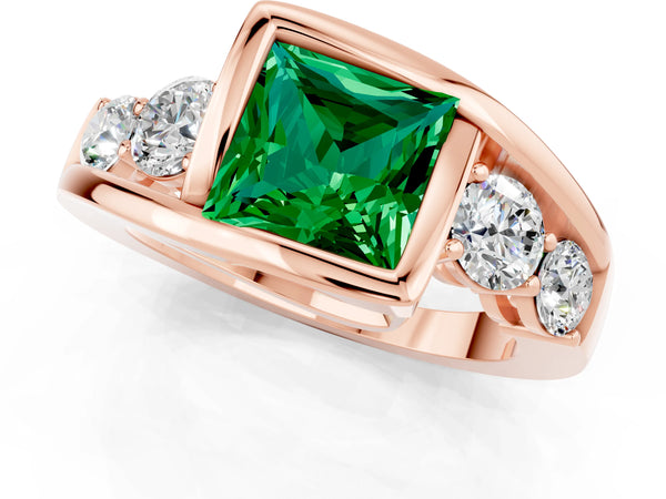 Rose gold Bezel Set Princess Cut Emerald Bypass Ring with Round  Accents