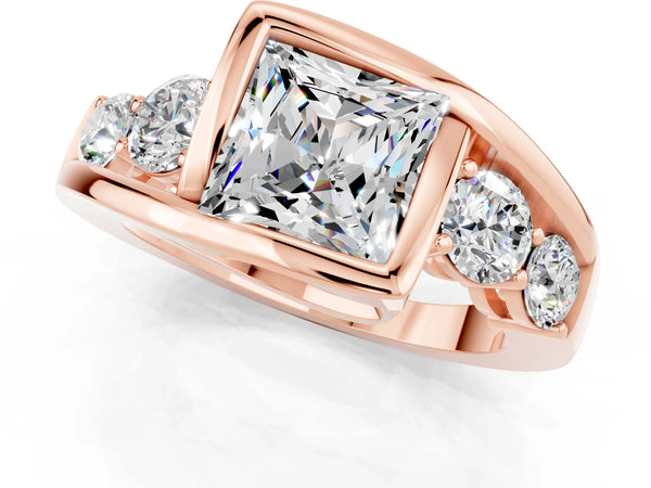 Rose gold Bezel Set Princess Cut Moissanite Bypass Ring with Round  Accents