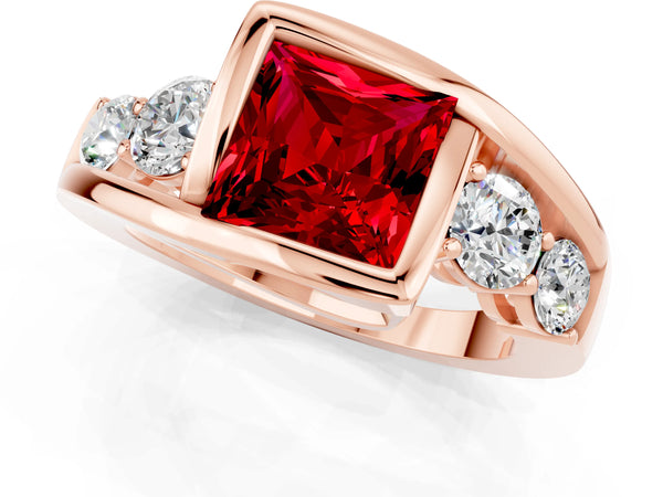 Rose gold Bezel Set Princess Cut Ruby Bypass Ring with Round  Accents