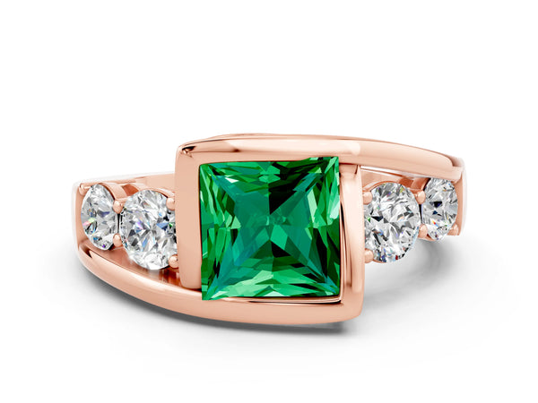 Rose gold Bezel Set Princess Cut Emerald Bypass Ring with Round  Accents