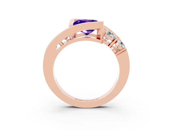 Rose gold Bezel Set Princess Cut Tanzanite Bypass Ring with Round  Accents