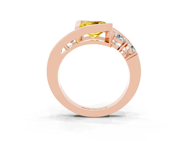 Rose gold Bezel Set Princess Cut Yellow Sapphire Bypass Ring with Round  Accents
