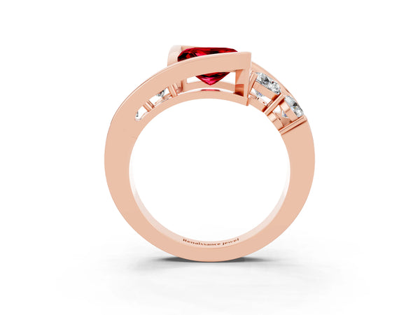 Rose gold Bezel Set Princess Cut Ruby Bypass Ring with Round  Accents