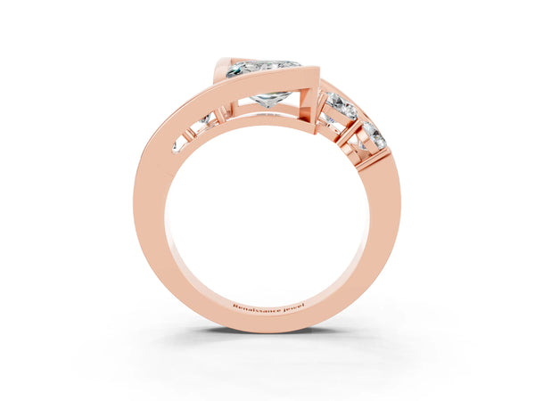 Rose gold Bezel Set Princess Cut Moissanite Bypass Ring with Round  Accents