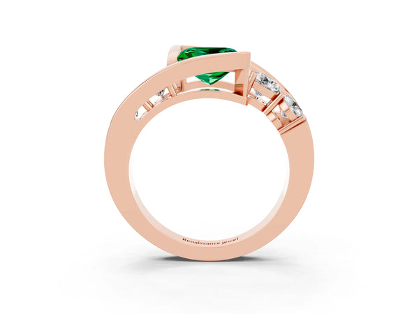 Rose gold Bezel Set Princess Cut Emerald Bypass Ring with Round  Accents