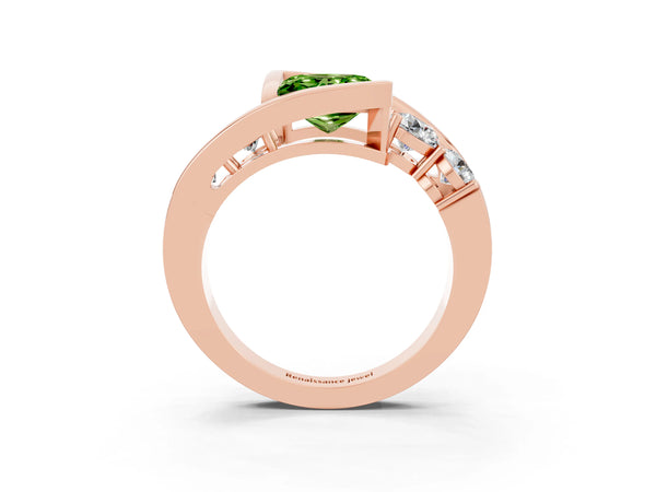 Rose gold Bezel Set Princess Cut Peridot Bypass Ring with Round  Accents