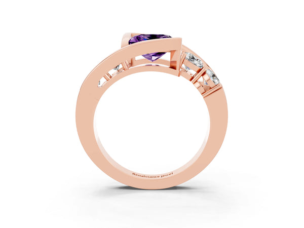 Rose gold Bezel Set Princess Cut Amethyst Bypass Ring with Round  Accents