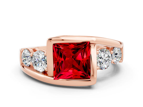 Rose gold Bezel Set Princess Cut Ruby Bypass Ring with Round  Accents