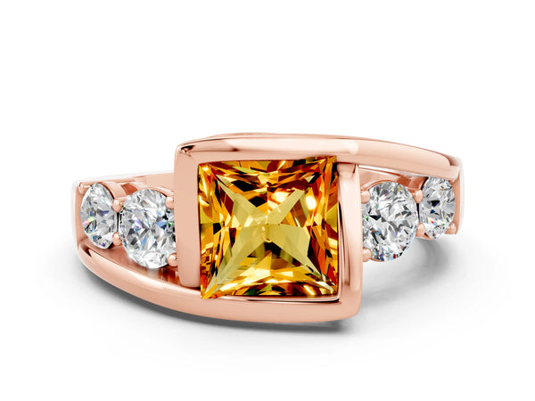 Rose gold Bezel Set Princess Cut Citrine Bypass Ring with Round  Accents