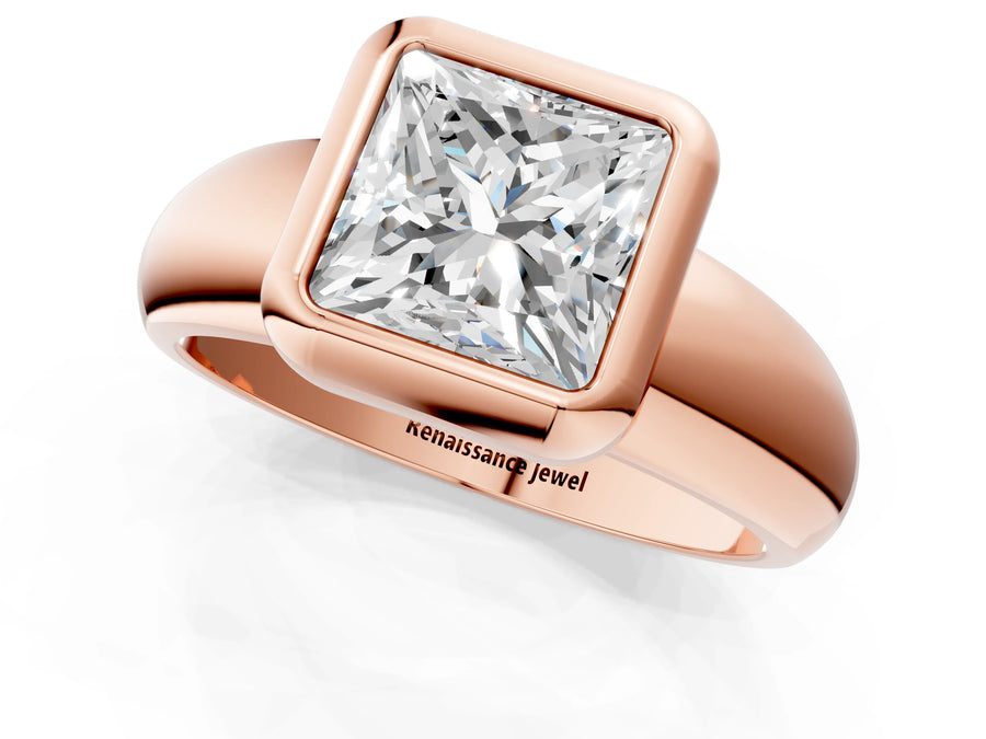 Rose gold Bezel Set Princess Solitaire Ring with Wide Band