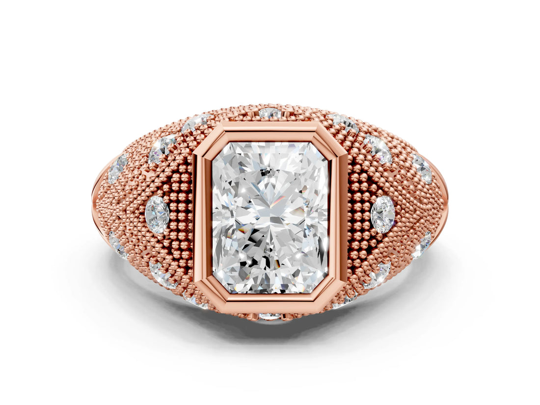 Rose gold Bezel Set Radiant Cut Diamond Milgrain Band Ring_9