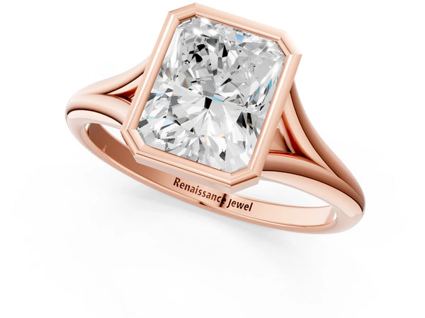 Rose Gold Radiant Cut Bezel Solitaire Engagement Ring Setting with V Split Shank