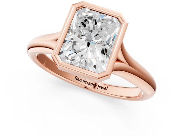 Rose gold Bezel Set Radiant Solitaire Diamond Ring with Smooth Band