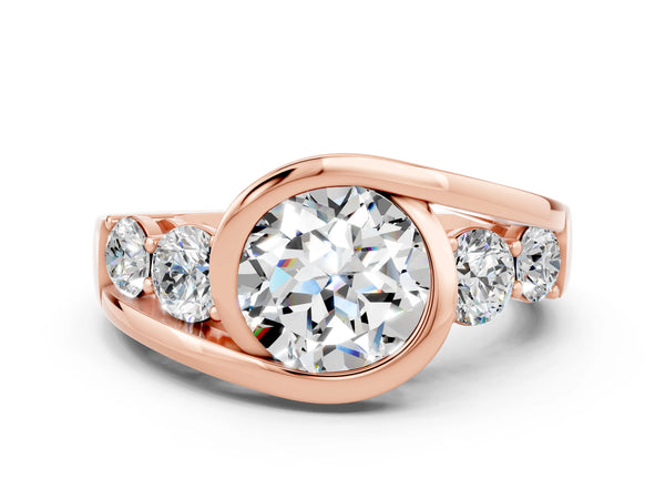 Rose gold Bezel Set Round Cut Moissanite Bypass Ring with Round  Accents