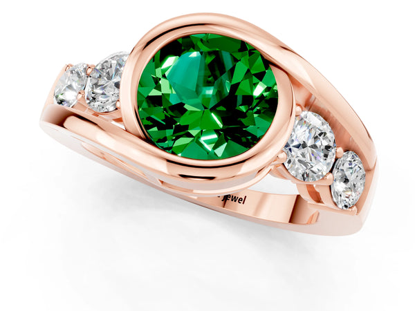 Rose gold Bezel Set Round Cut Emerald Bypass Ring with Round  Accents