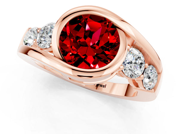 Rose gold Bezel Set Round Cut Ruby Bypass Ring with Round  Accents