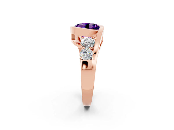 Rose gold Bezel Set Round Cut Amethyst Bypass Ring with Round  Accents