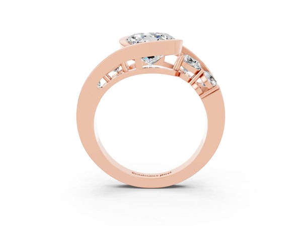 Rose gold Bezel Set Round Cut Moissanite Bypass Ring with Round  Accents