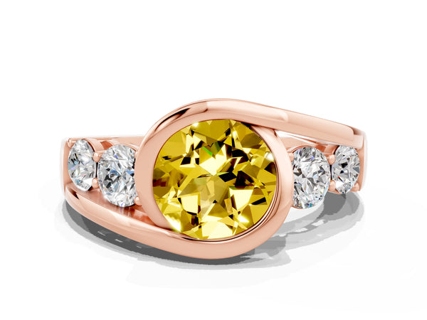 Rose gold Bezel Set Round Cut Yellow Sapphire Bypass Ring with Round  Accents