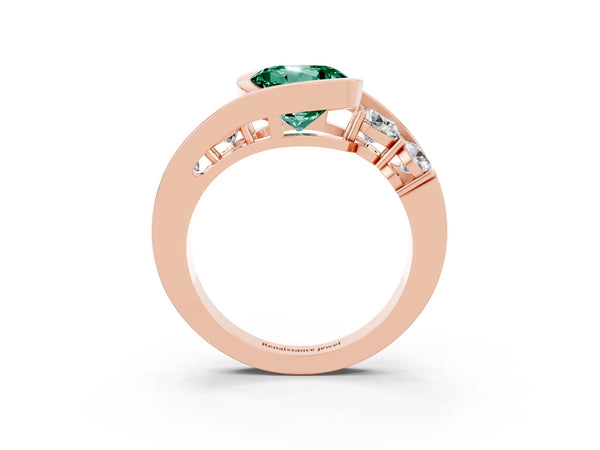 Rose gold Bezel Set Round Cut Green Sapphire Bypass Ring with Round  Accents