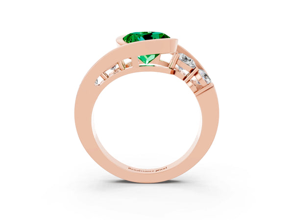 Rose gold Bezel Set Round Cut Emerald Bypass Ring with Round  Accents