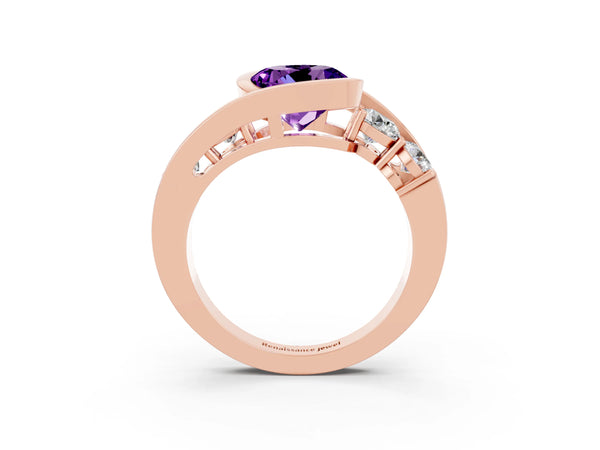 Rose gold Bezel Set Round Cut Amethyst Bypass Ring with Round  Accents