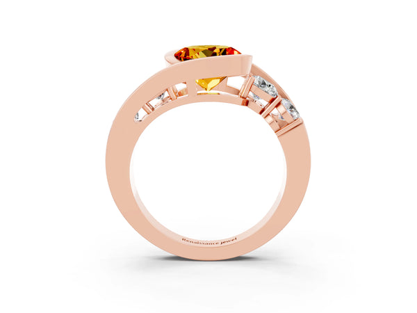 Rose gold Bezel Set Round Cut Citrine Bypass Ring with Round  Accents