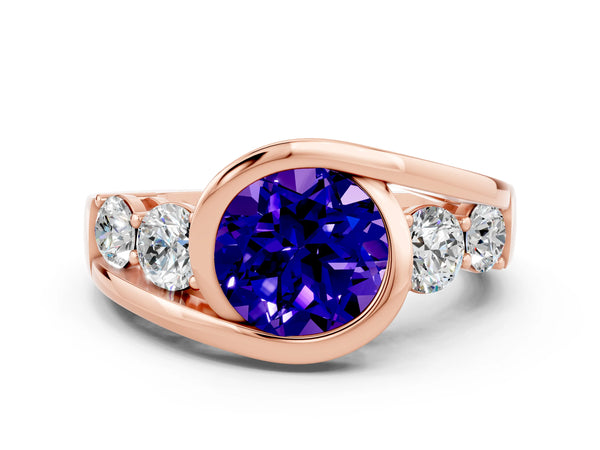 Rose gold Bezel Set Round Cut Tanzanite Bypass Ring with Round  Accents