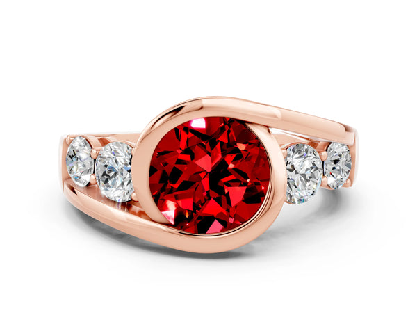 Rose gold Bezel Set Round Cut Ruby Bypass Ring with Round  Accents
