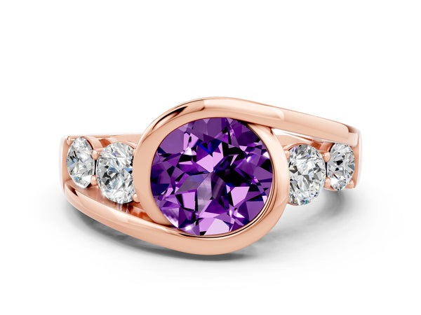 Rose gold Bezel Set Round Cut Amethyst Bypass Ring with Round  Accents