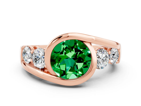Rose gold Bezel Set Round Cut Emerald Bypass Ring with Round  Accents