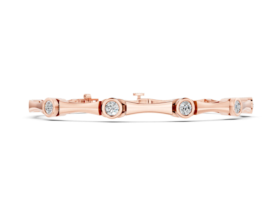 Rose gold Bezel Set Round Diamond Bamboo Link Bracelet_2