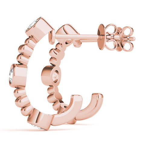 Rose gold Bezel Set Round Diamond Beaded Hoop Earrings 1