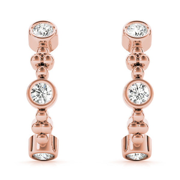 Rose gold Bezel Set Round Diamond Beaded Hoop Earrings 2