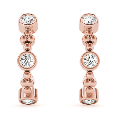 Rose gold Bezel Set Round Diamond Beaded Hoop Earrings 2