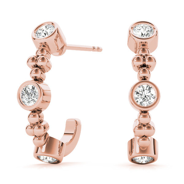 Rose gold Bezel Set Round Diamond Beaded Hoop Earrings